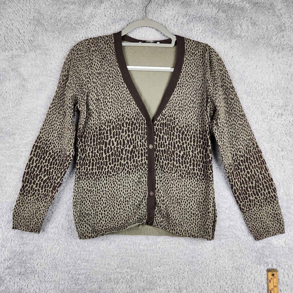 Vintage Liz Claiborne Cardigan Sweater Womens XS Brown Leopard Print Button Knit